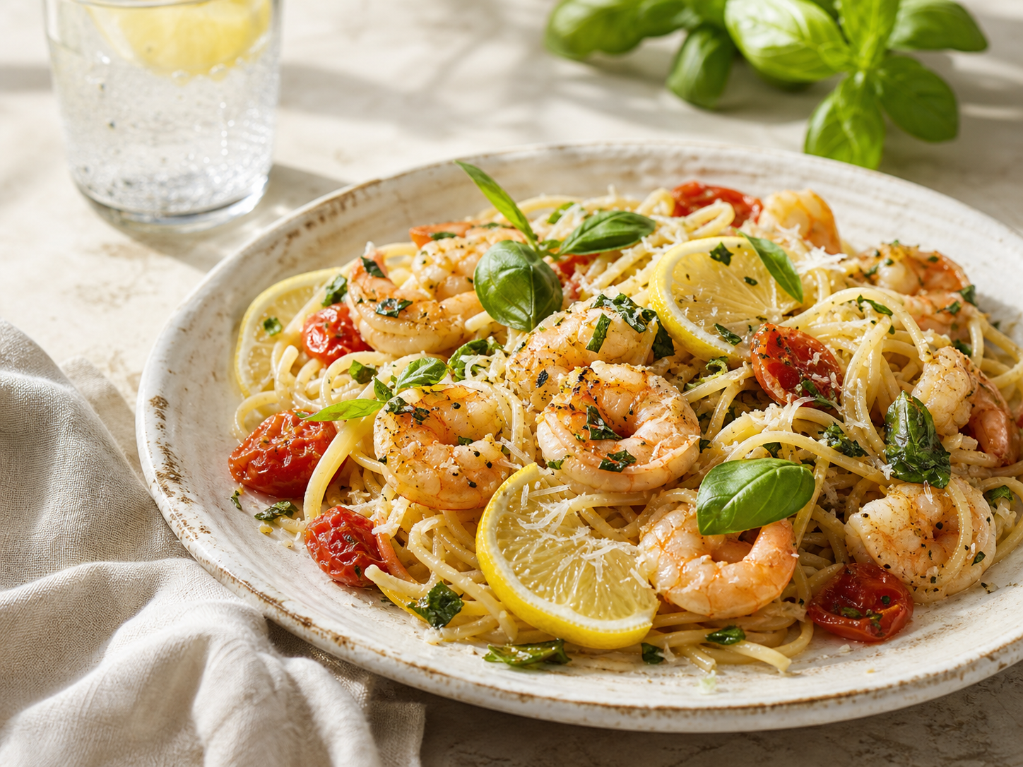 Herb and lemon shrimp pasta served at a dining table